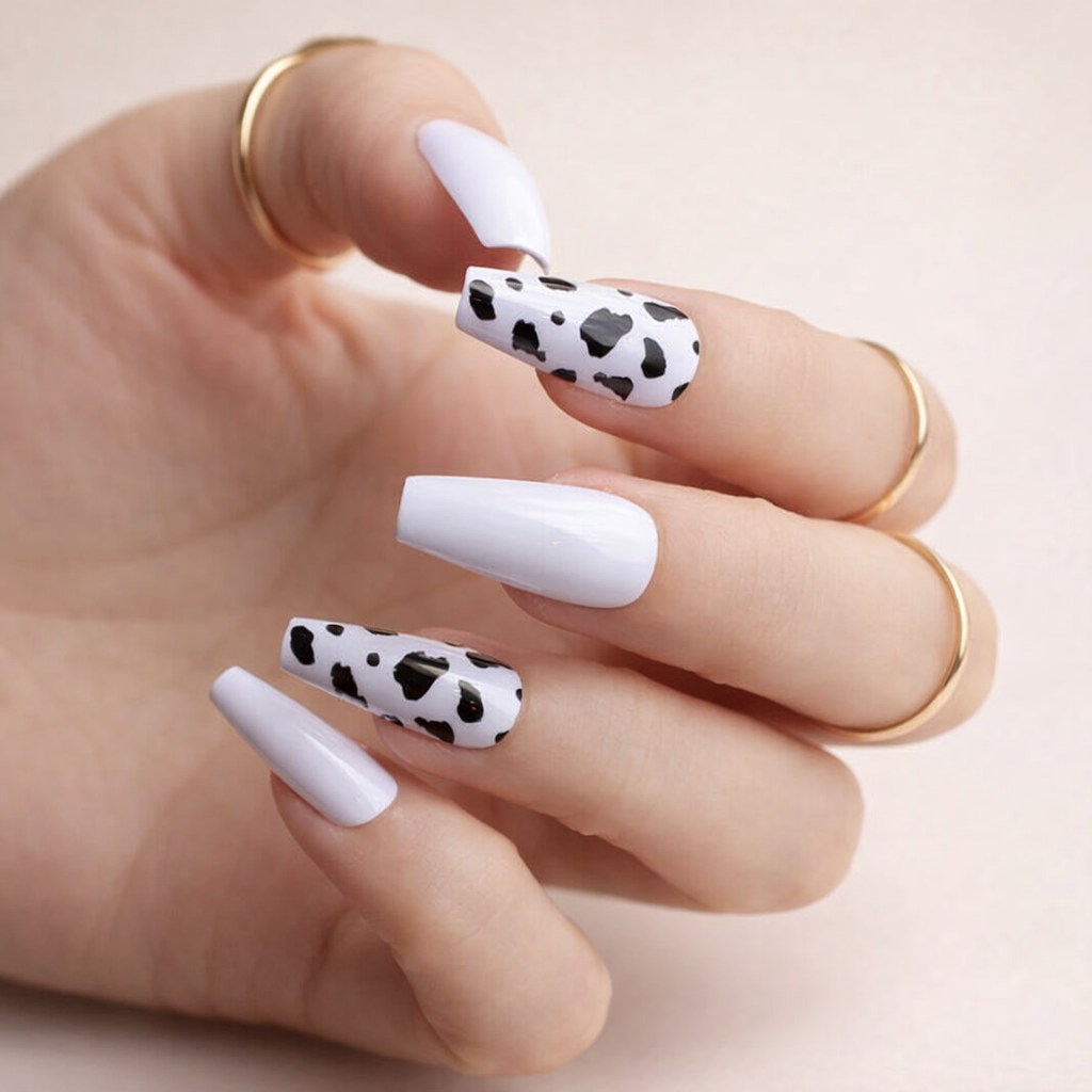 Faux Ongles Blancs et Noir Vache Ballerine Longs Press On Nails