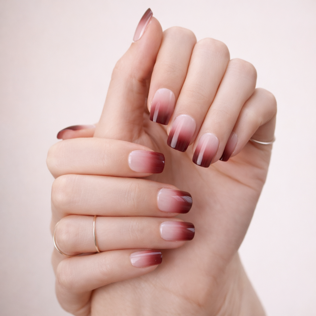 Faux Ongles Dégradé Nude et Rouge Carrés Courts Ombre Press On Nails