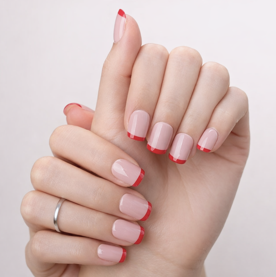 Faux Ongles French Rouge et Roses Courts Press On Nails