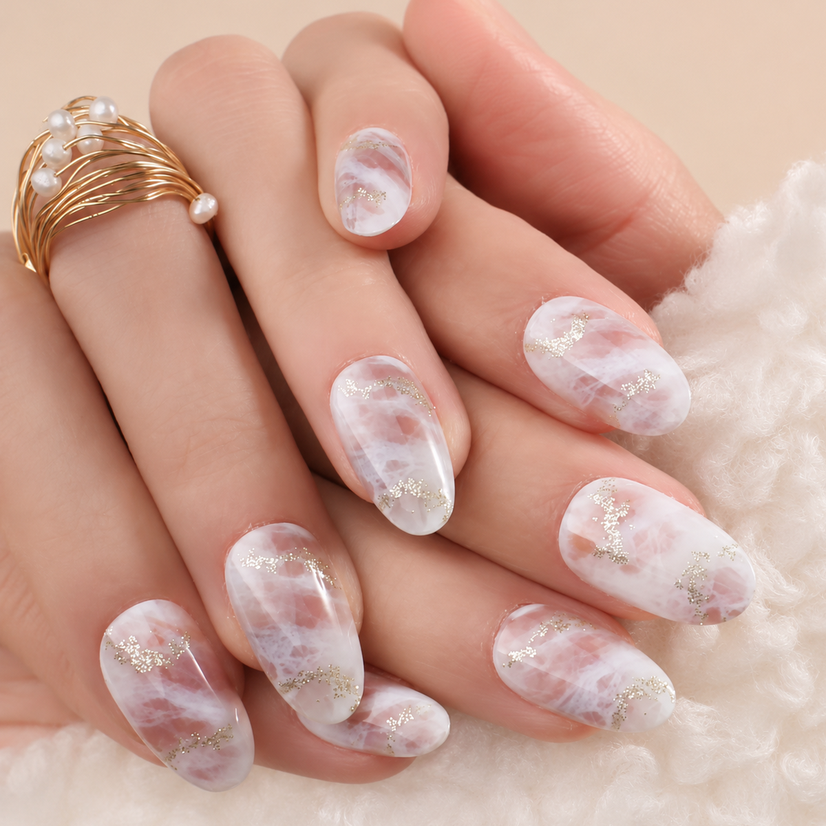 Faux Ongles Marbrés Rose & Blanc Doré Mi-Longs Amande press on nails