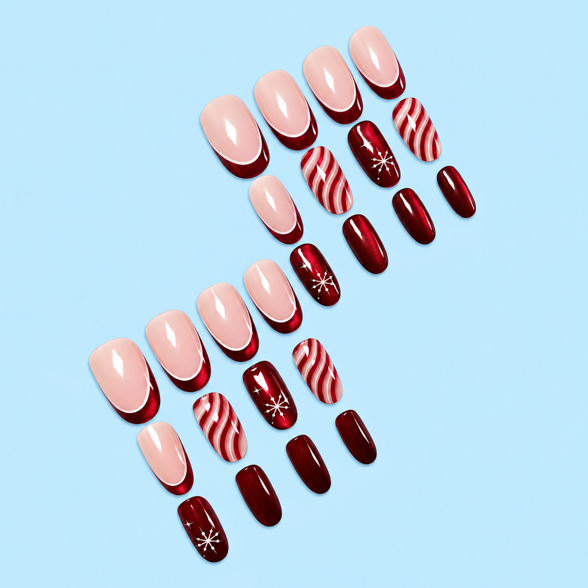 Faux Ongles Noël Bordeaux à Étoiles et Rayures press on nails