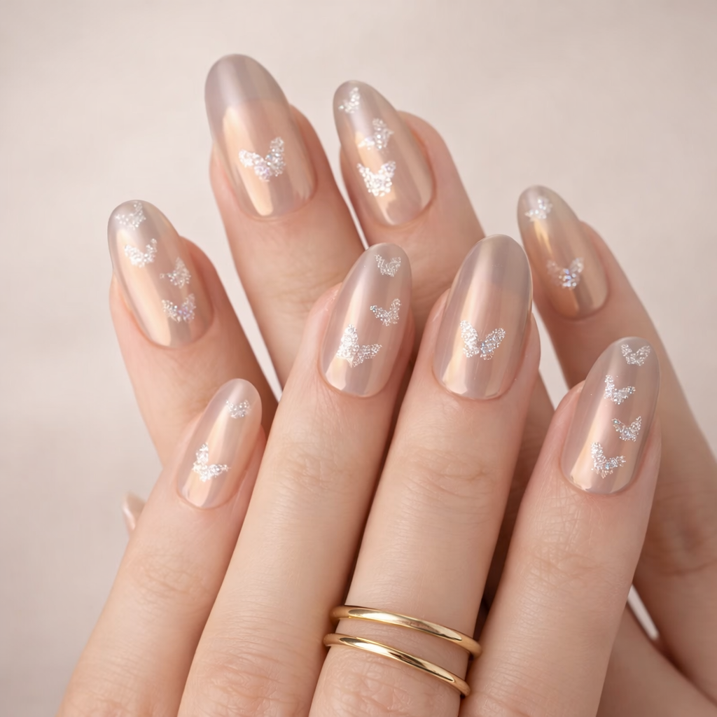 Faux Ongles Nude Chrome Papillons Press On Nails