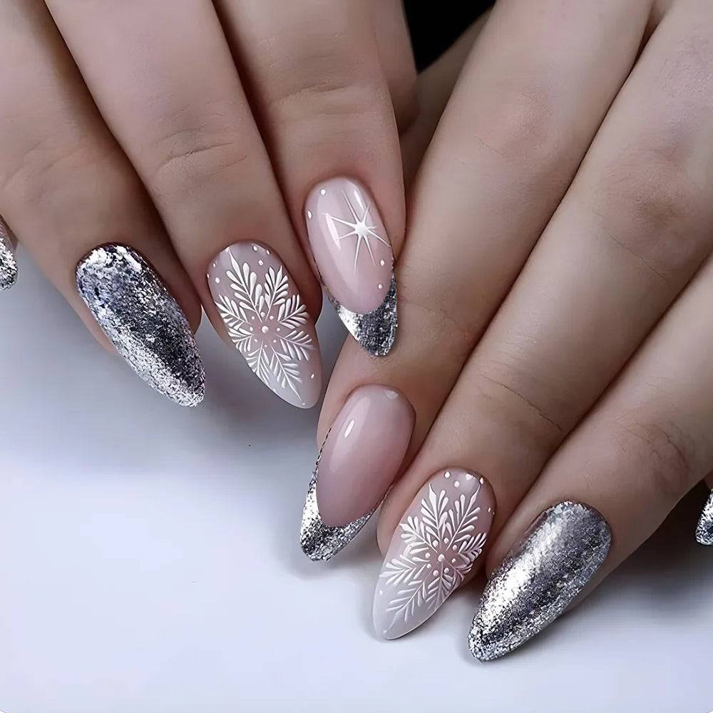 Faux Ongles de Noël Argentés à Flocons Press On Nails