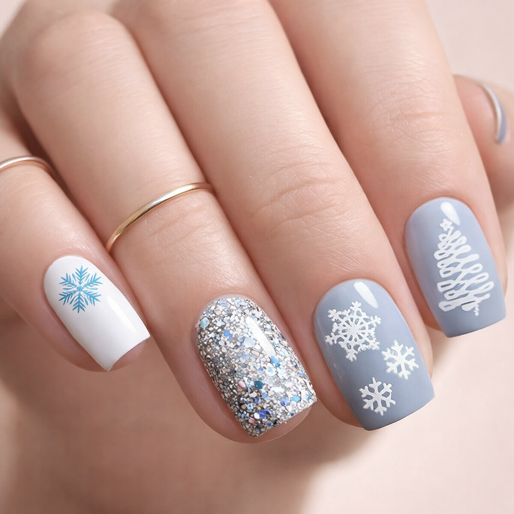 Faux Ongles de Noël Bleu à Flocons Press On Nails