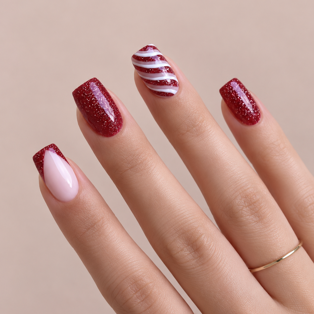 Faux Ongles de Noël Bordeaux & Rose Nude à Paillettes press on nails