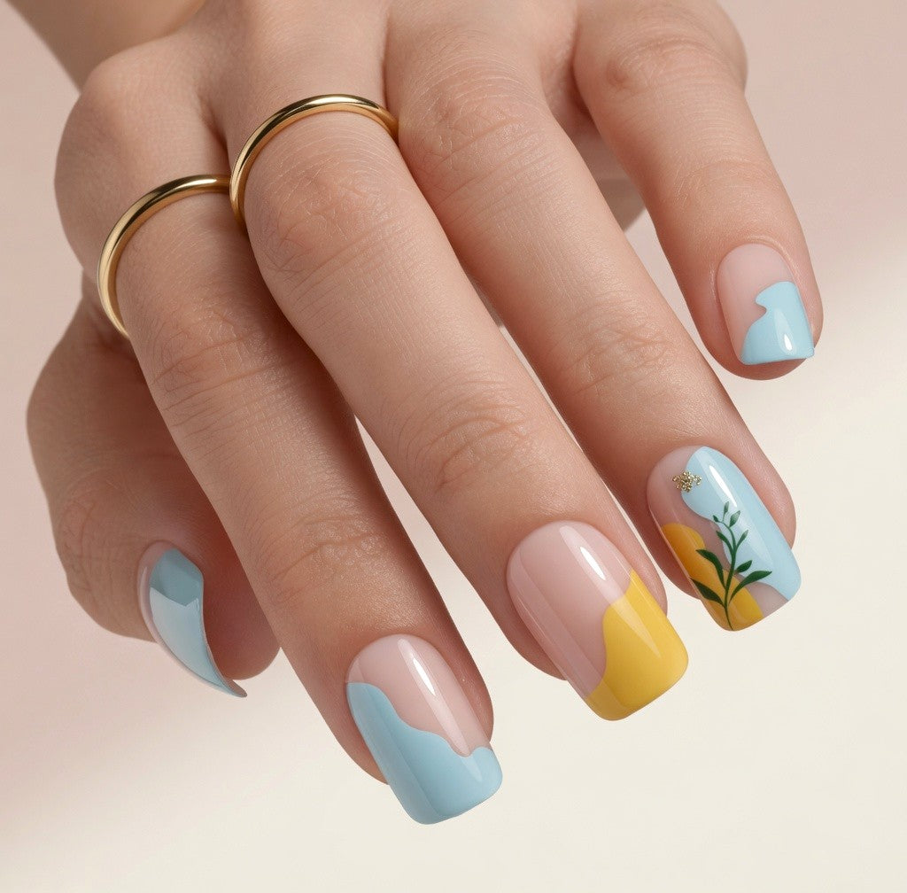 Faux Ongles Bleu et Jaune Vagues Carrés Courts