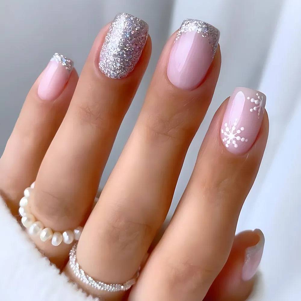 Faux Ongles de Noël Roses & Gris à Flocons Press On Nails