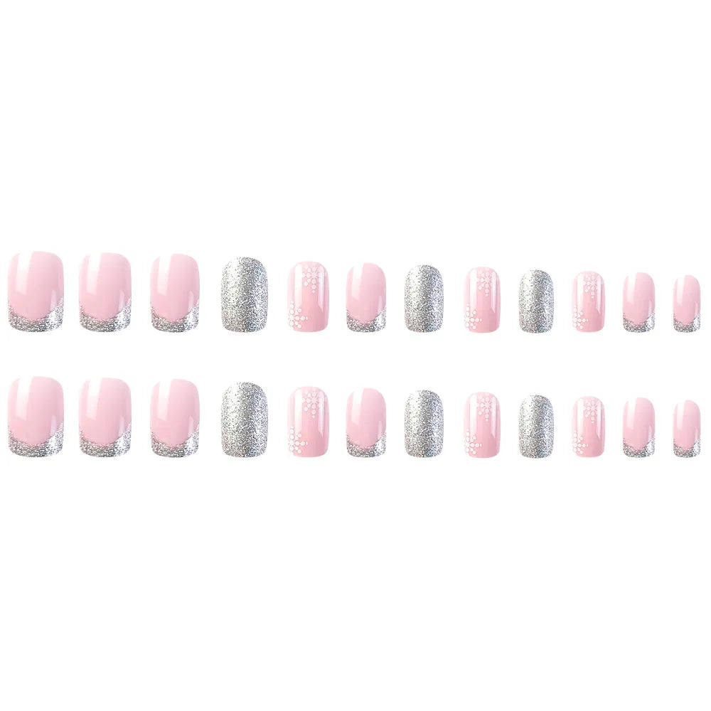 Faux Ongles de Noël Roses & Gris à Flocons Press On Nails