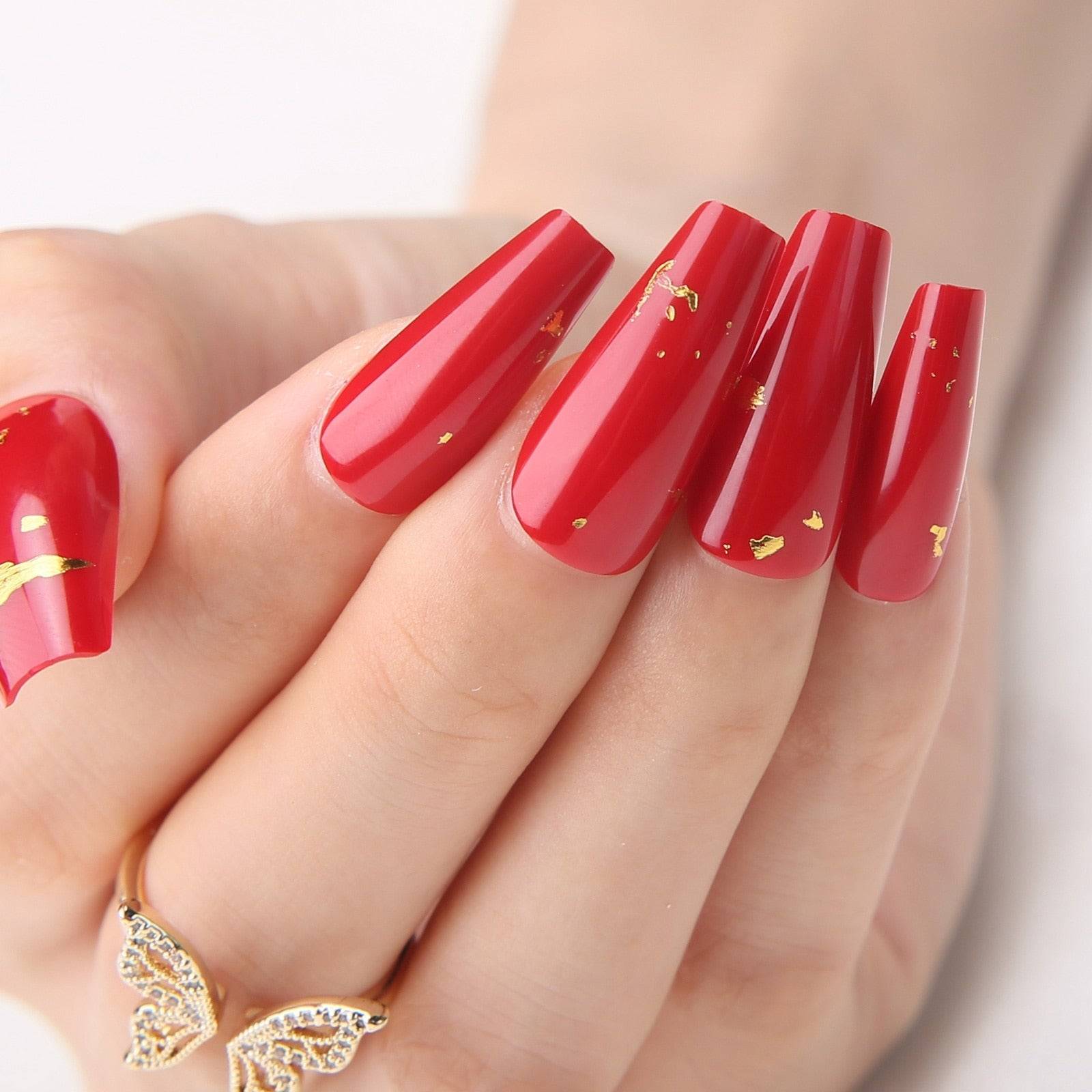 Faux Ongles Rouge Pailleté Amande Longs Press On Nails