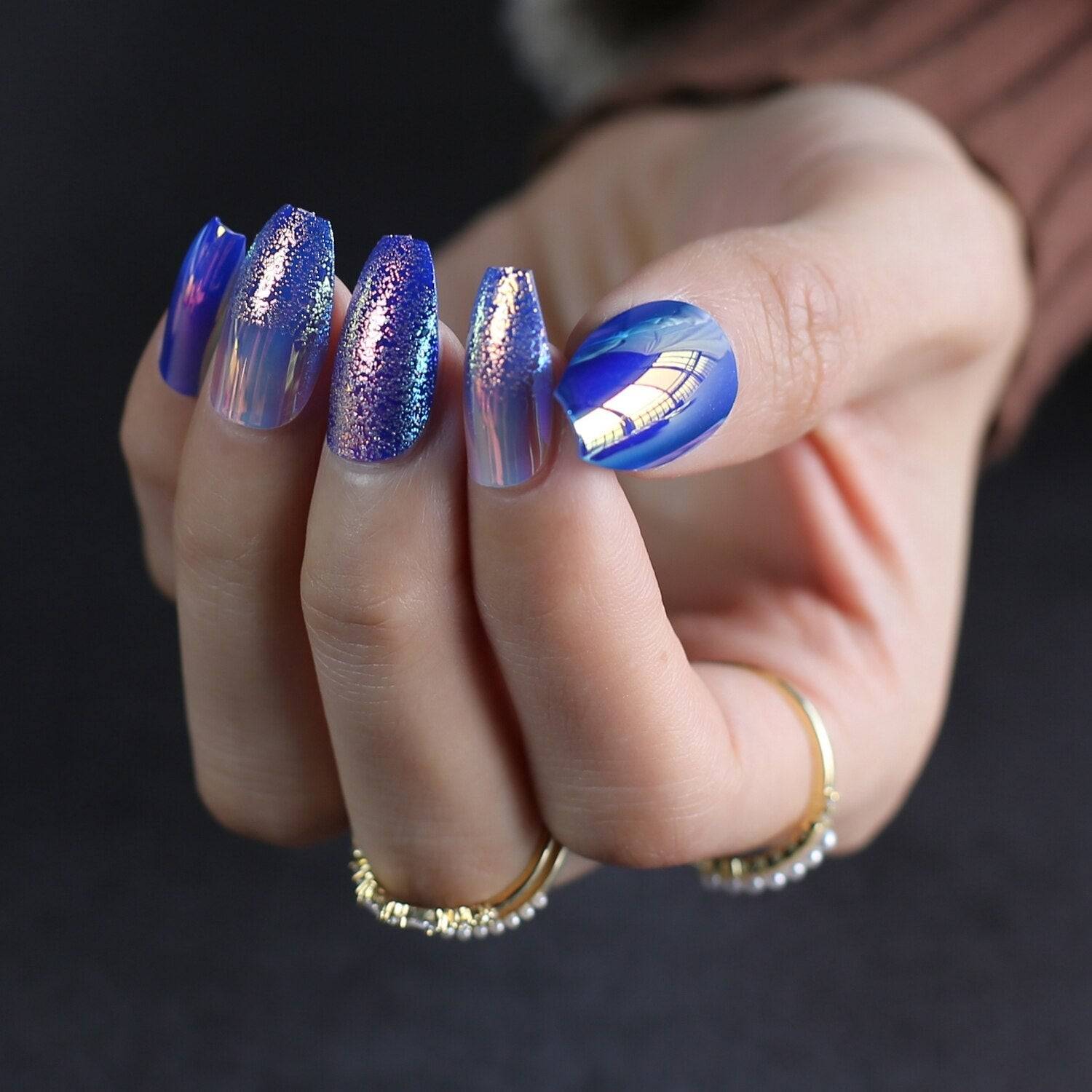 Faux Ongles Dégradé Bleu Marbré Longs Press On Nails