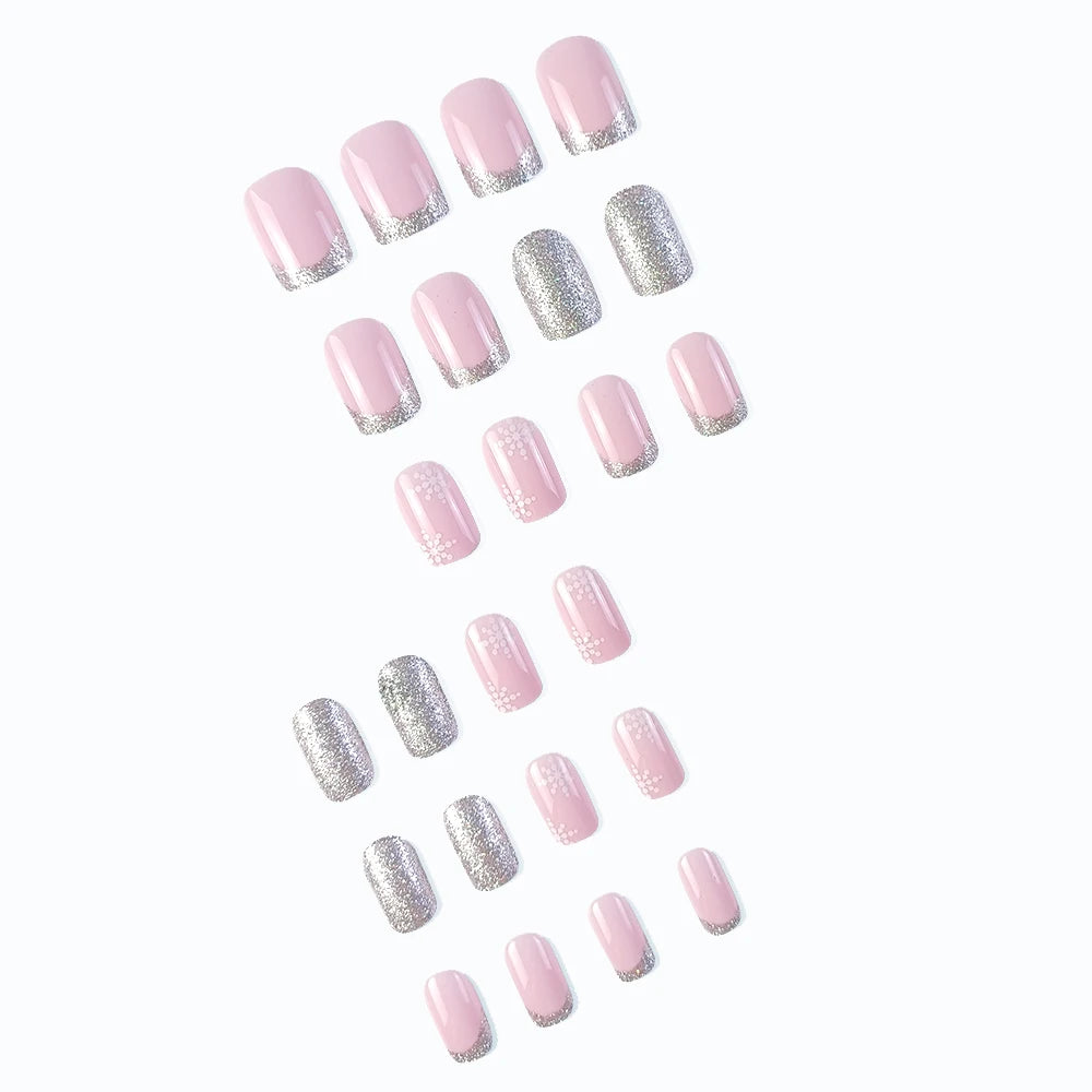 Faux Ongles de Noël Roses & Gris à Flocons Press On Nails