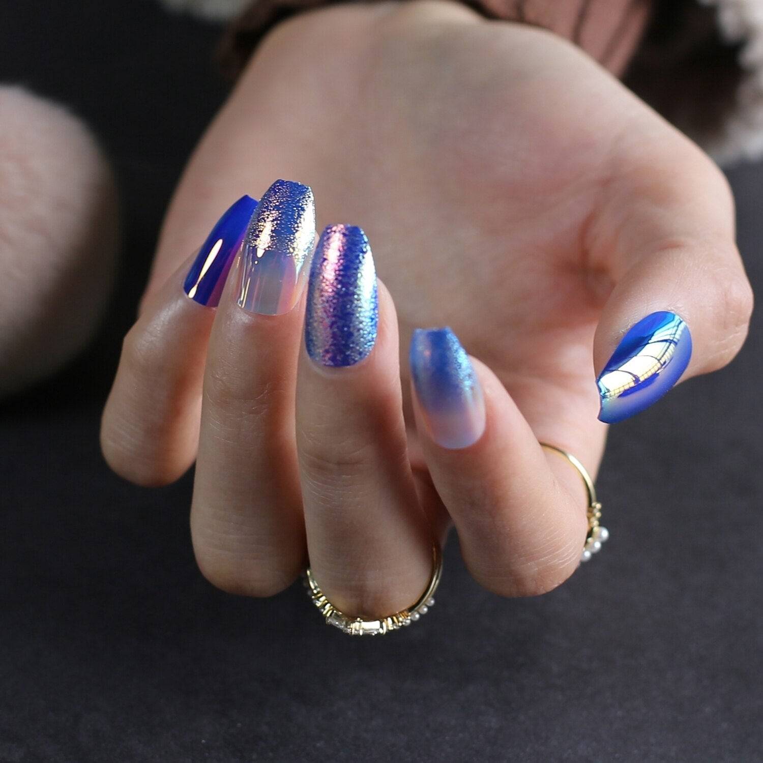 Faux Ongles Dégradé Bleu Marbré Longs Press On Nails Default Title