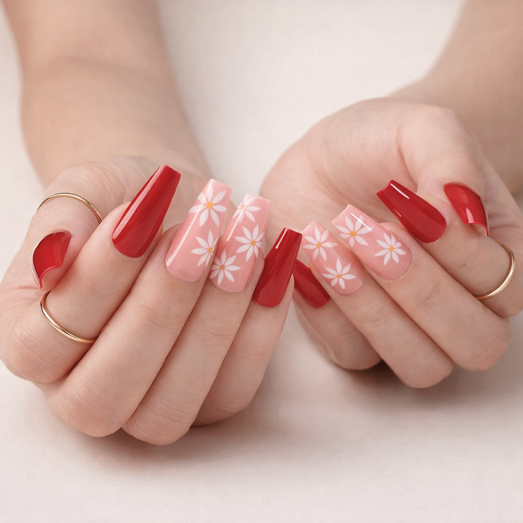 Faux Ongles Rouges à Fleurs Longs