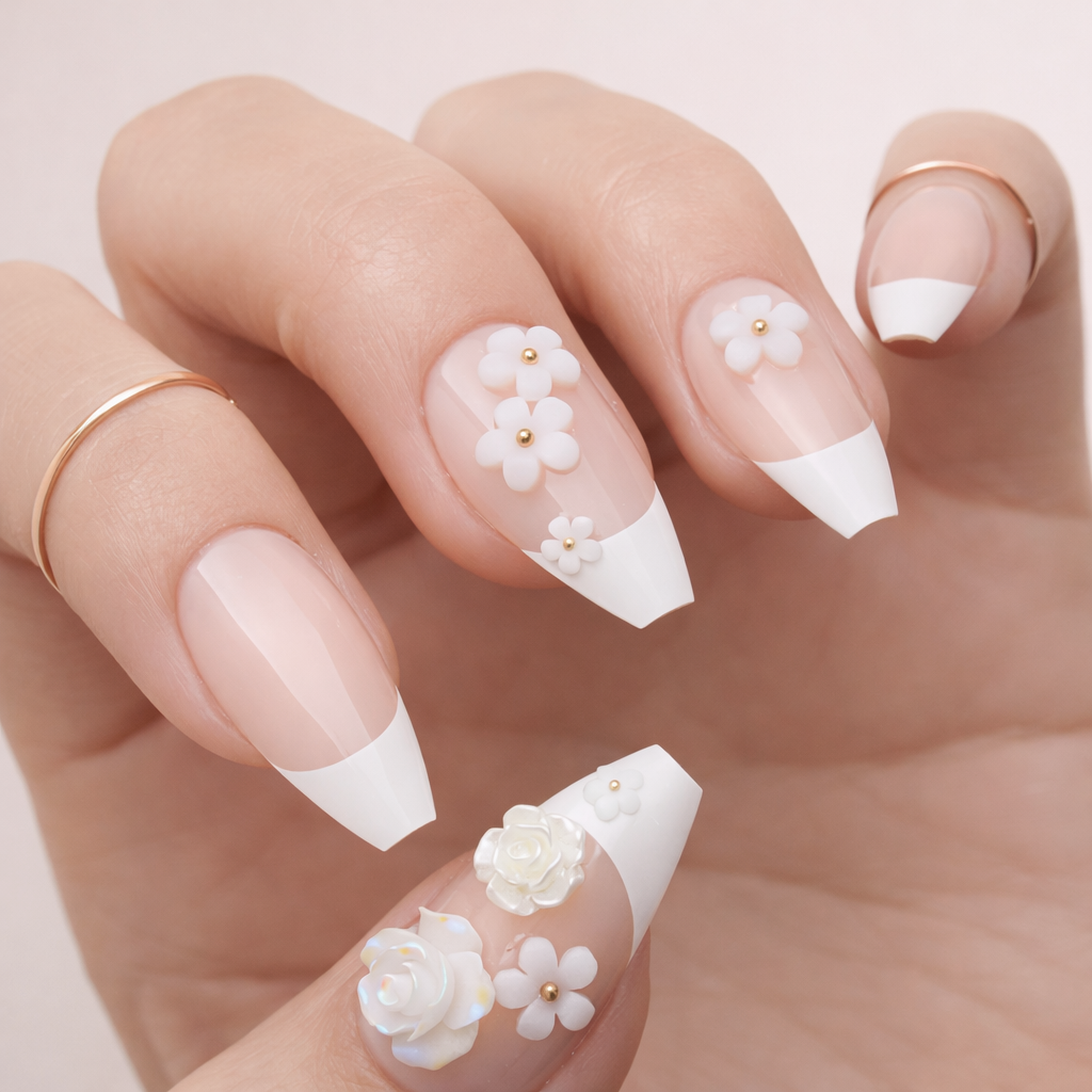 Faux Ongles French et Fleurs 3D Ballerine Longs