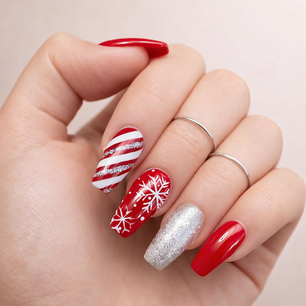 Faux Ongles Rouges à Flocons