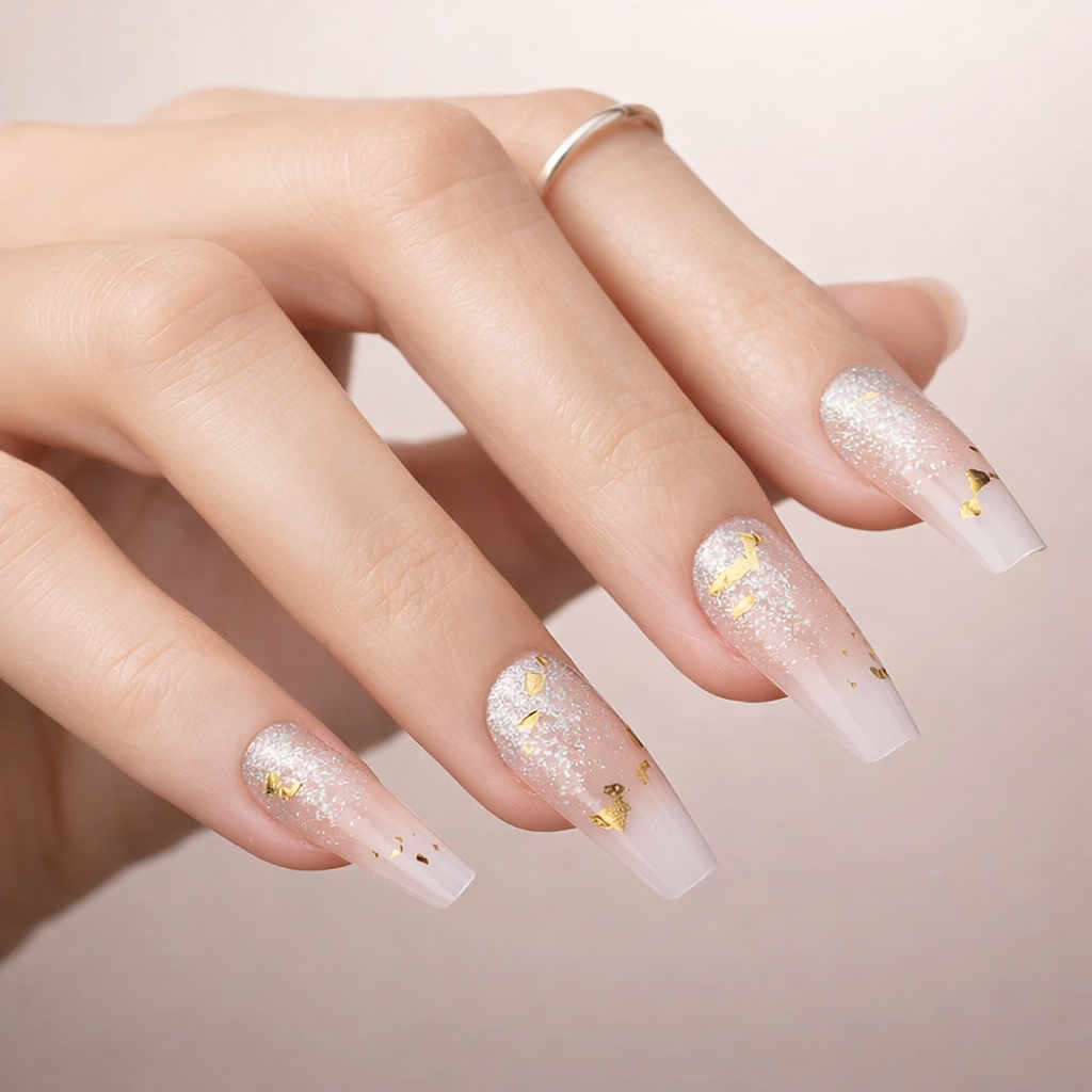 Faux Ongles de Mariage - Nude et Dorés
