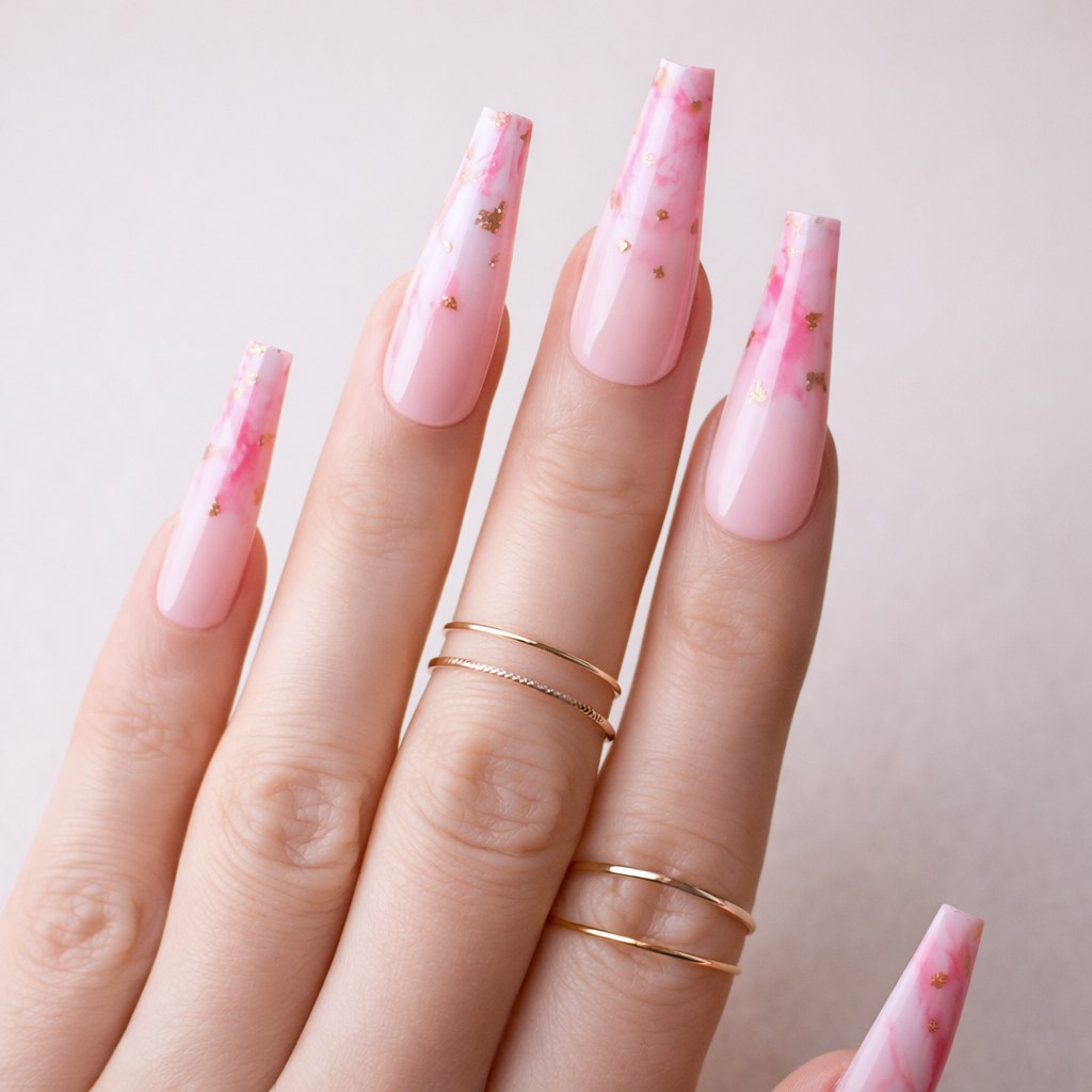 Faux Ongles Rose & Gold Ballerine Longs