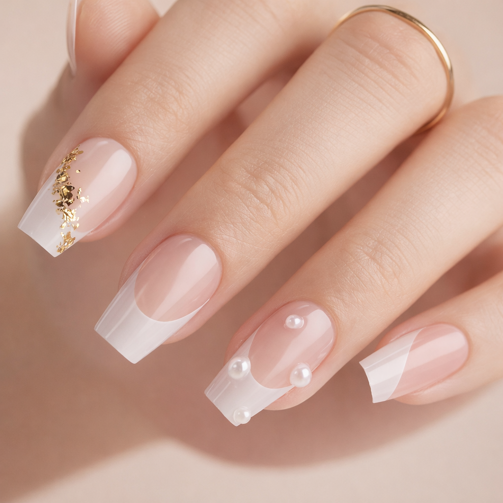 Faux ongles French carrés moyen avec paillettes dorées et perles press on nails