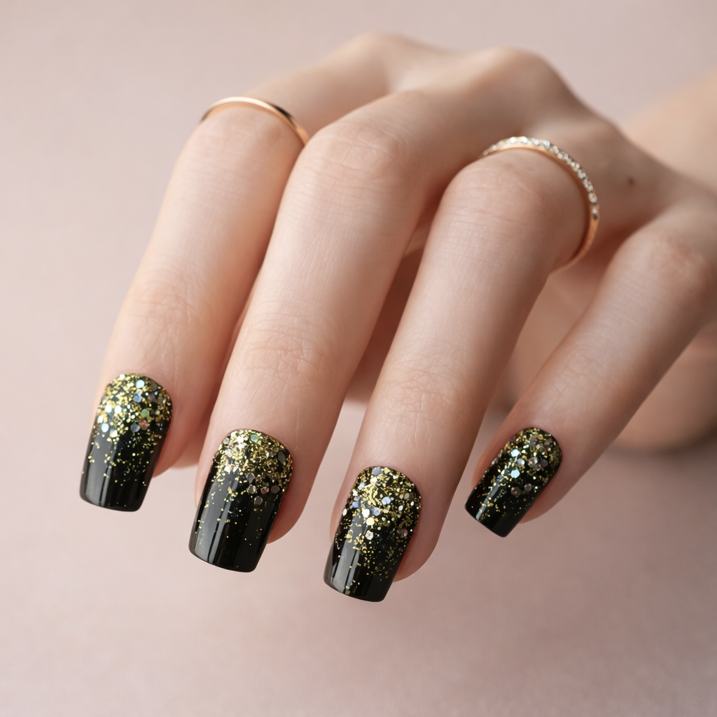 Faux Ongles Noir et Doré Pailletés Carrés Courts Press On Nails