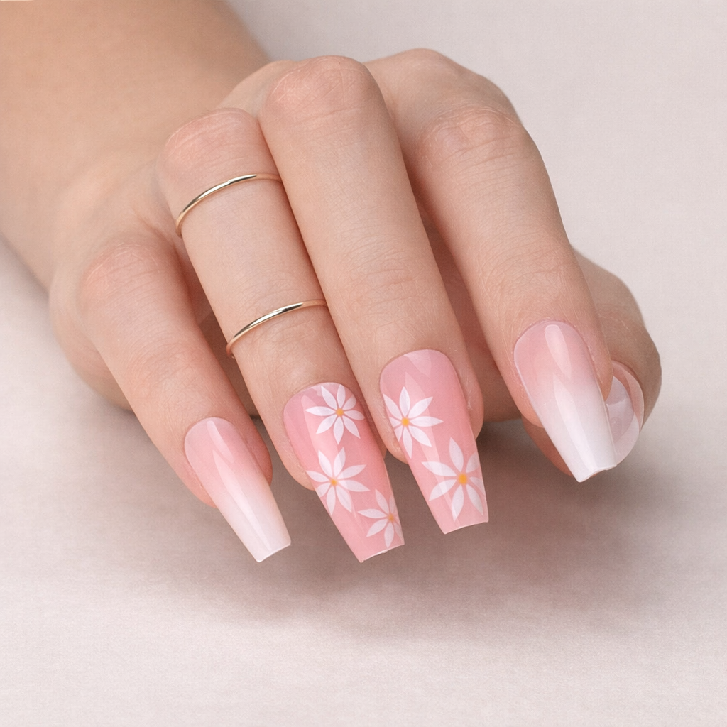 Faux Ongles Babyboomer à Fleurs