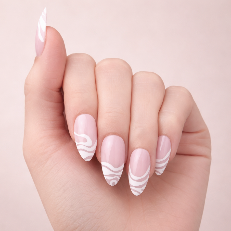 Faux Ongles Rose et Blanc Amande Mi-Longs