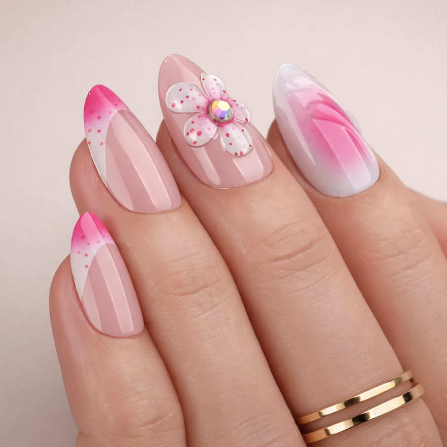 Faux Ongles et Fleurs 3D Rose Amande Courts