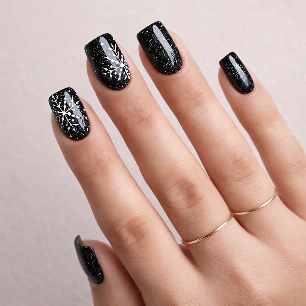 Faux Ongles de Noël Noirs à Flocons