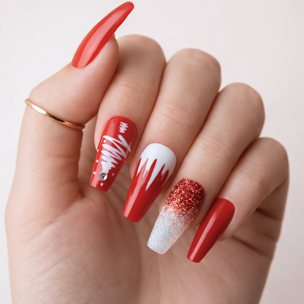 Faux Ongles Noël Rouge Longs en Gel
