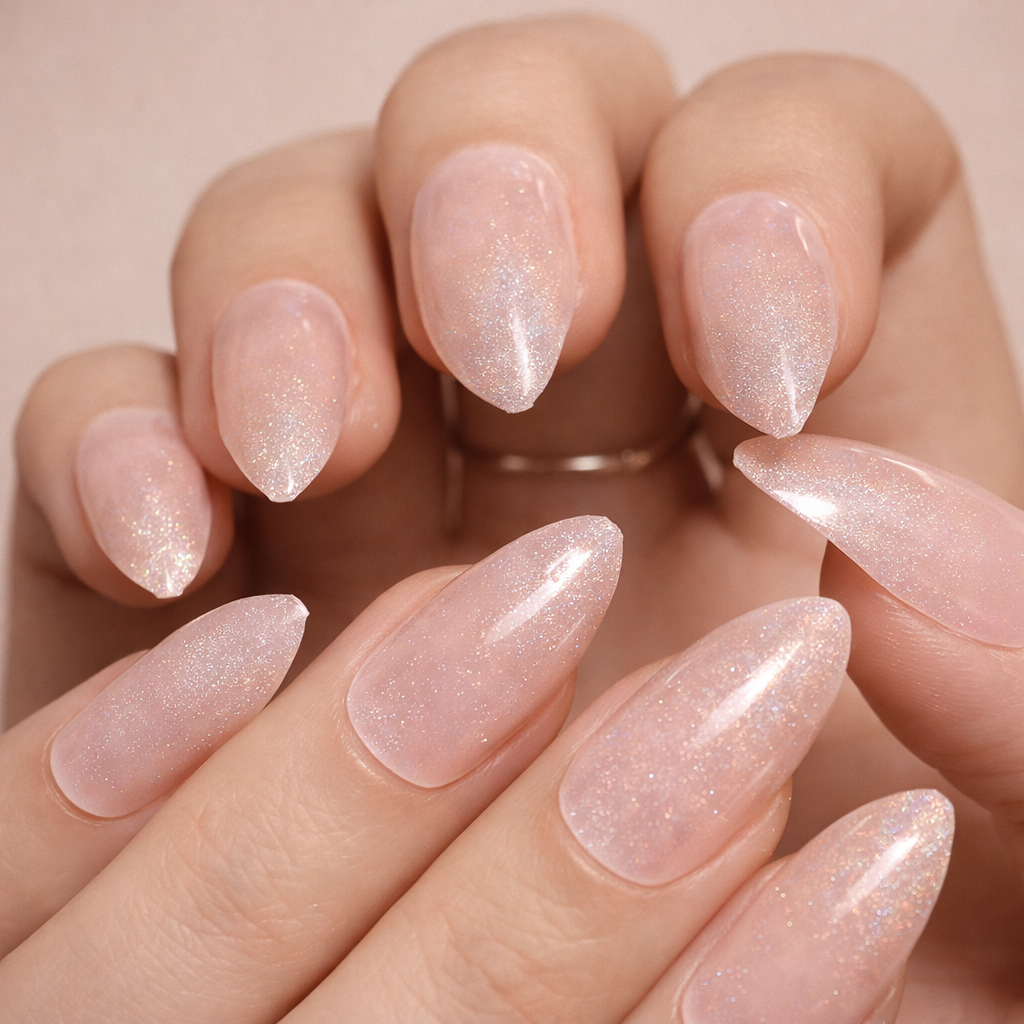 Faux Ongles Nude Pailletés Amande Mi-Longs