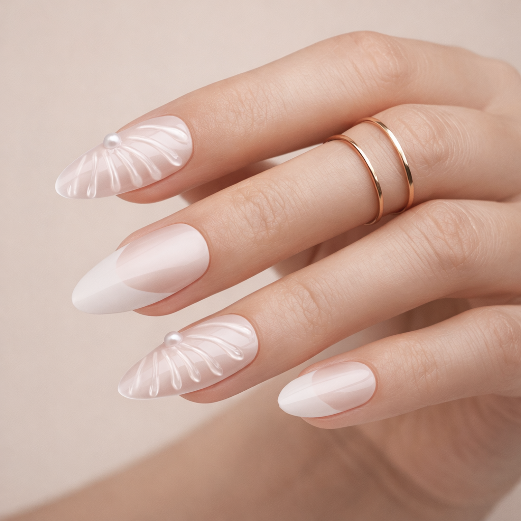 Faux Ongles Nacrés 3D Coquillage Amande Longs