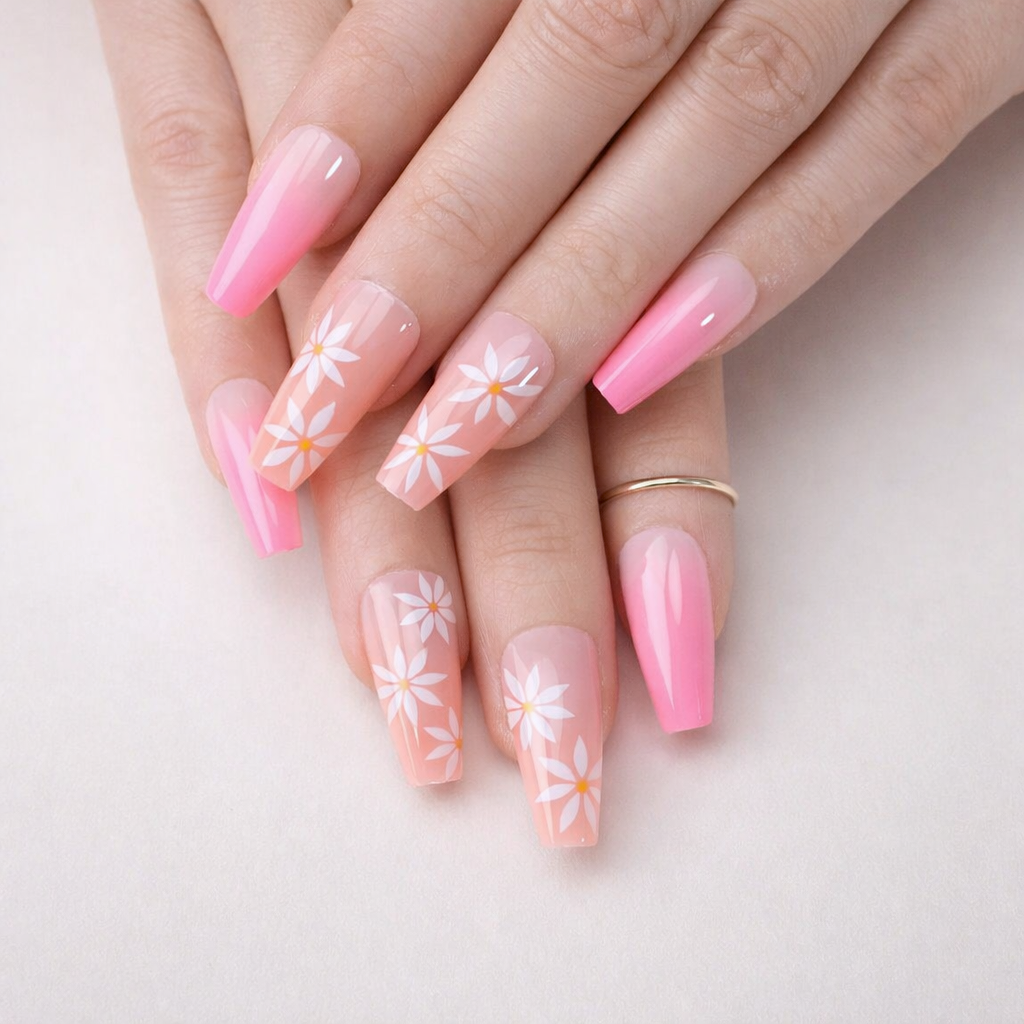 Faux Ongles Rose Dégrade Fleurs Longs