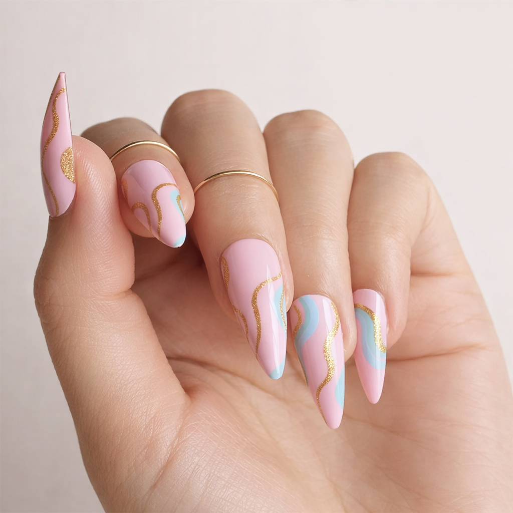 Faux Ongles Roses Amande Stiletto Longs