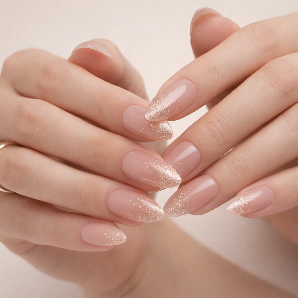 Faux Ongles Nude avec Paillettes Amande Mi-Longs