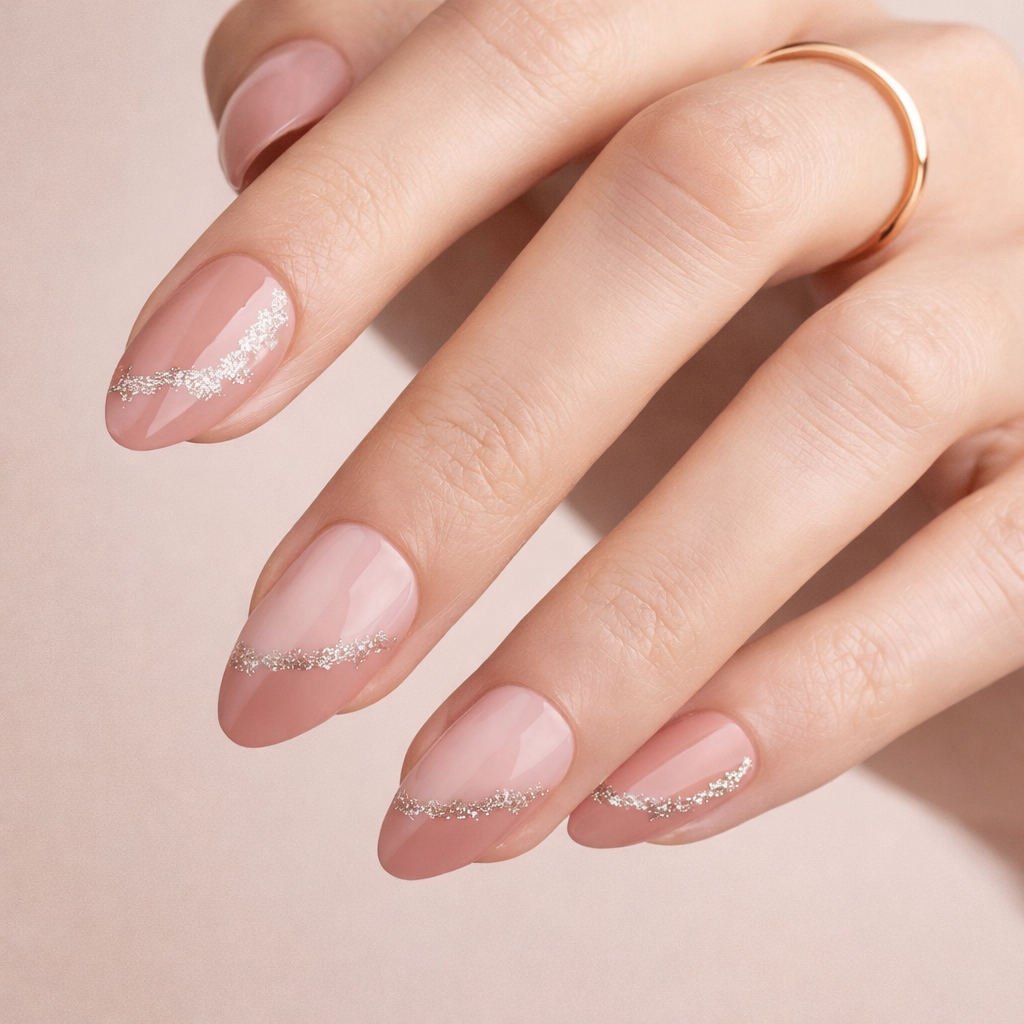 Faux Ongles Nude Pailletés Amande Courts