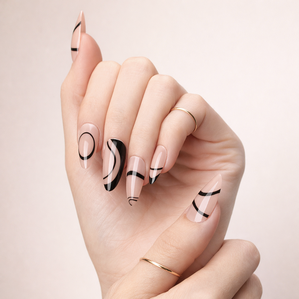 Faux Ongles Nude et Noirs Amande Mi-Longs