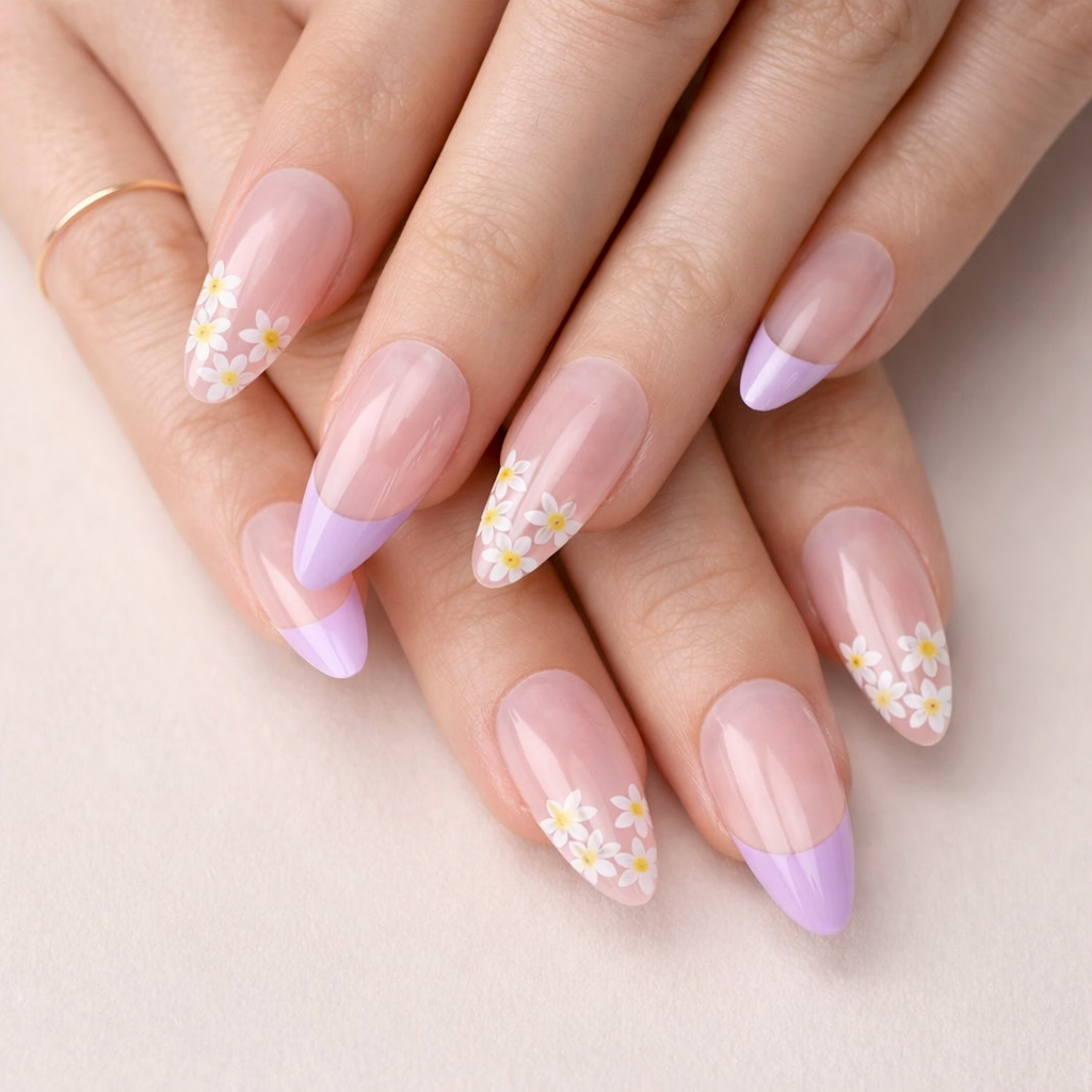 Faux Ongles Motif Fleurs Stiletto Mi-Longs