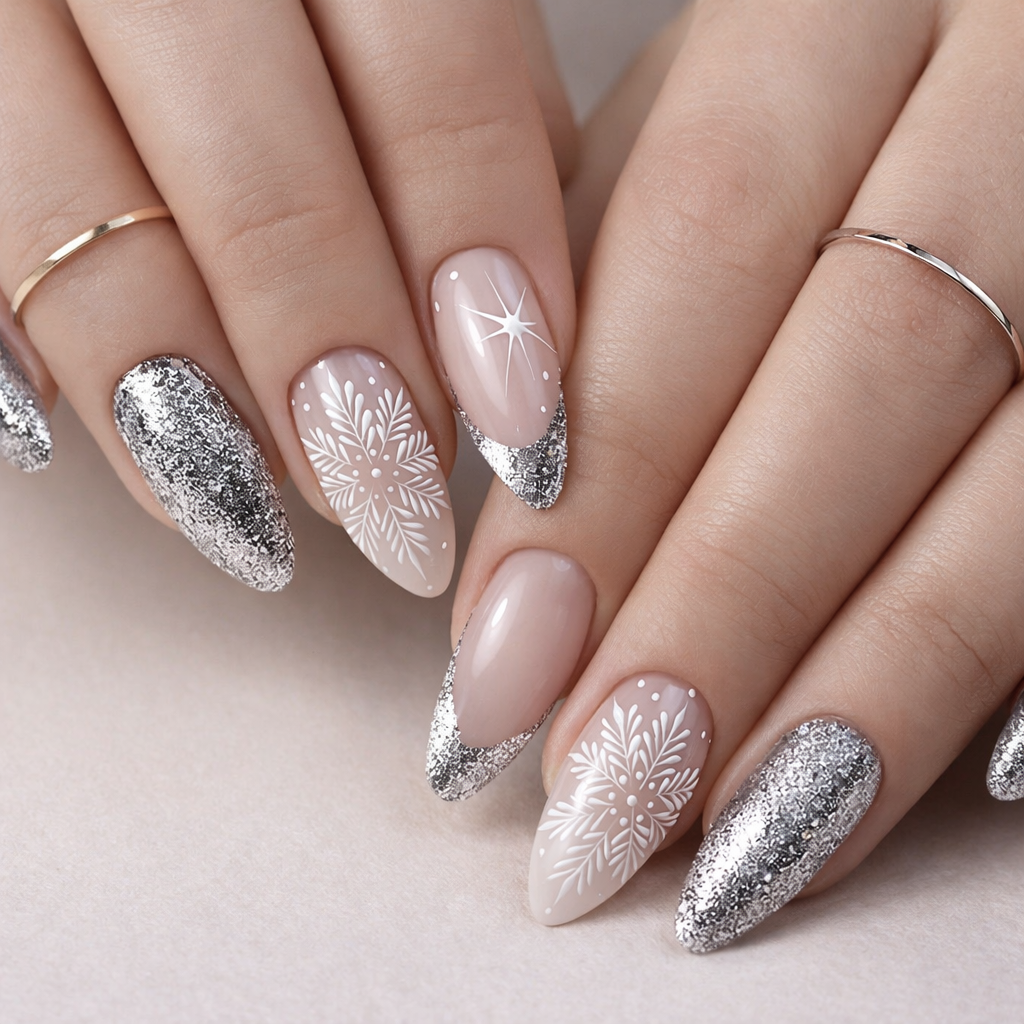 Faux Ongles de Noël Argentés à Flocons