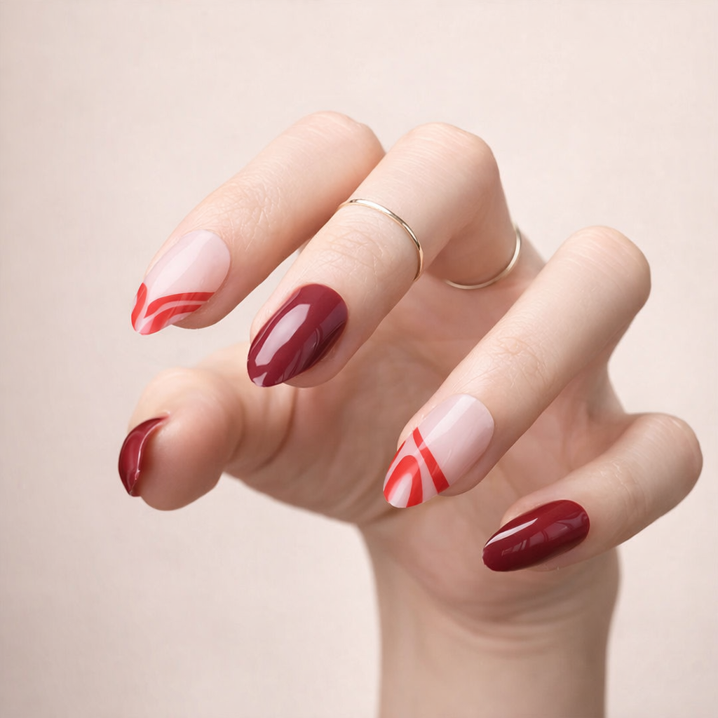 Faux Ongles Rouge Amande Mi-Longs