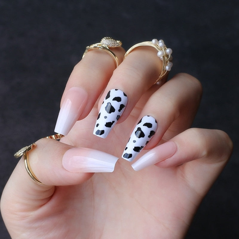 Faux Ongles Blancs Dégradé Noirs Ballerine Longs Press On Nails
