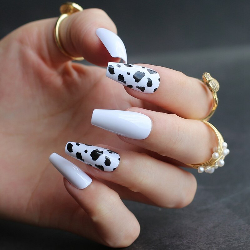 Faux Ongles Blancs et Noir Ballerine Longs Press On Nails