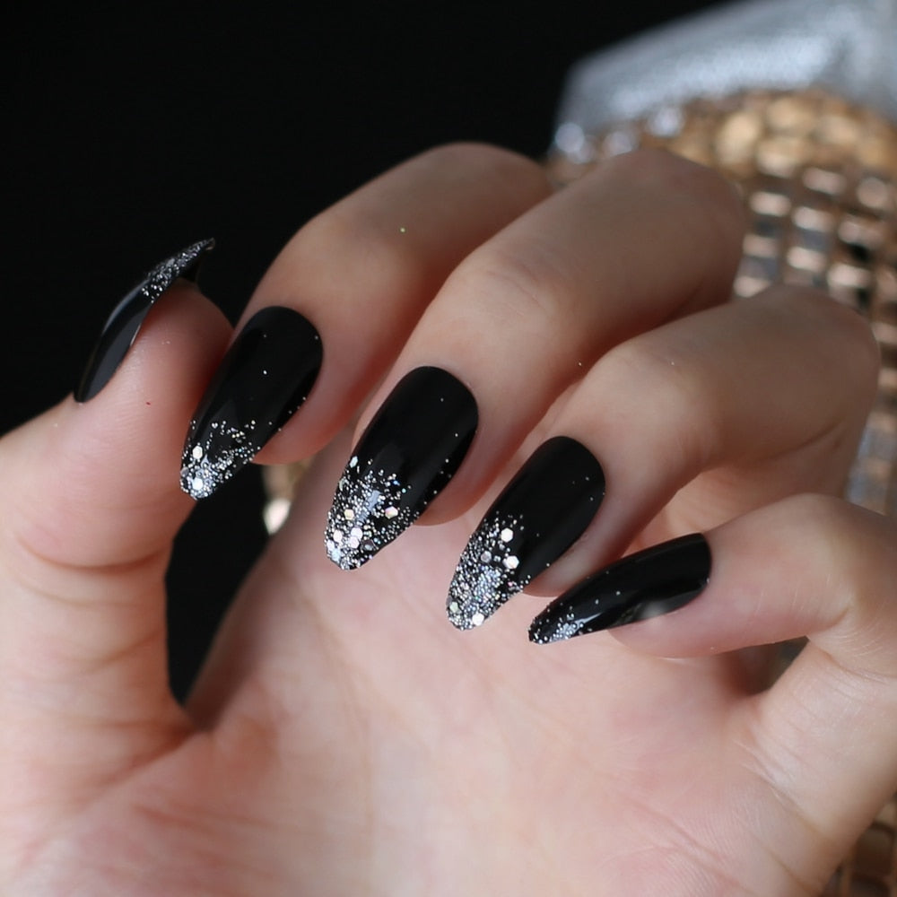 Faux Ongles Noirs Amande Longs Press On Nails