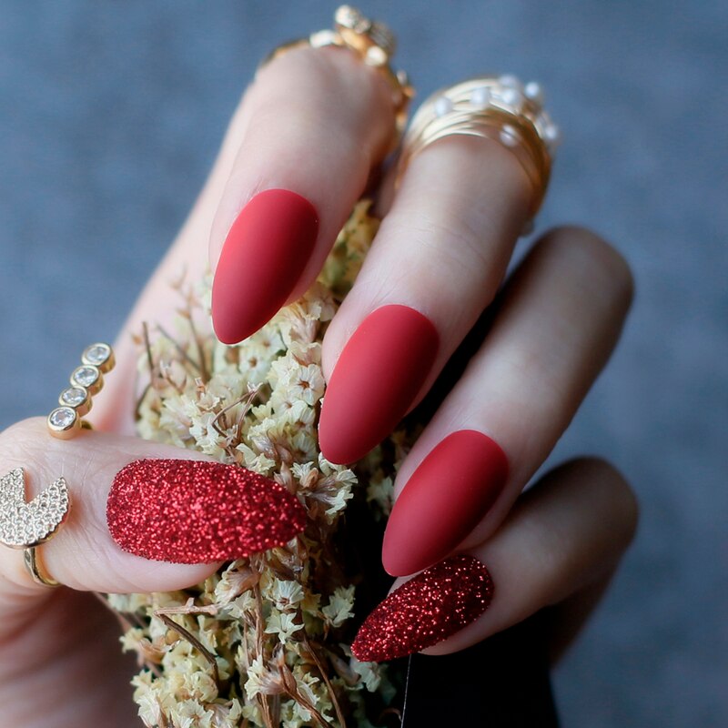 Faux Ongles Rouge Nacré Stiletto Longs Press On Nails