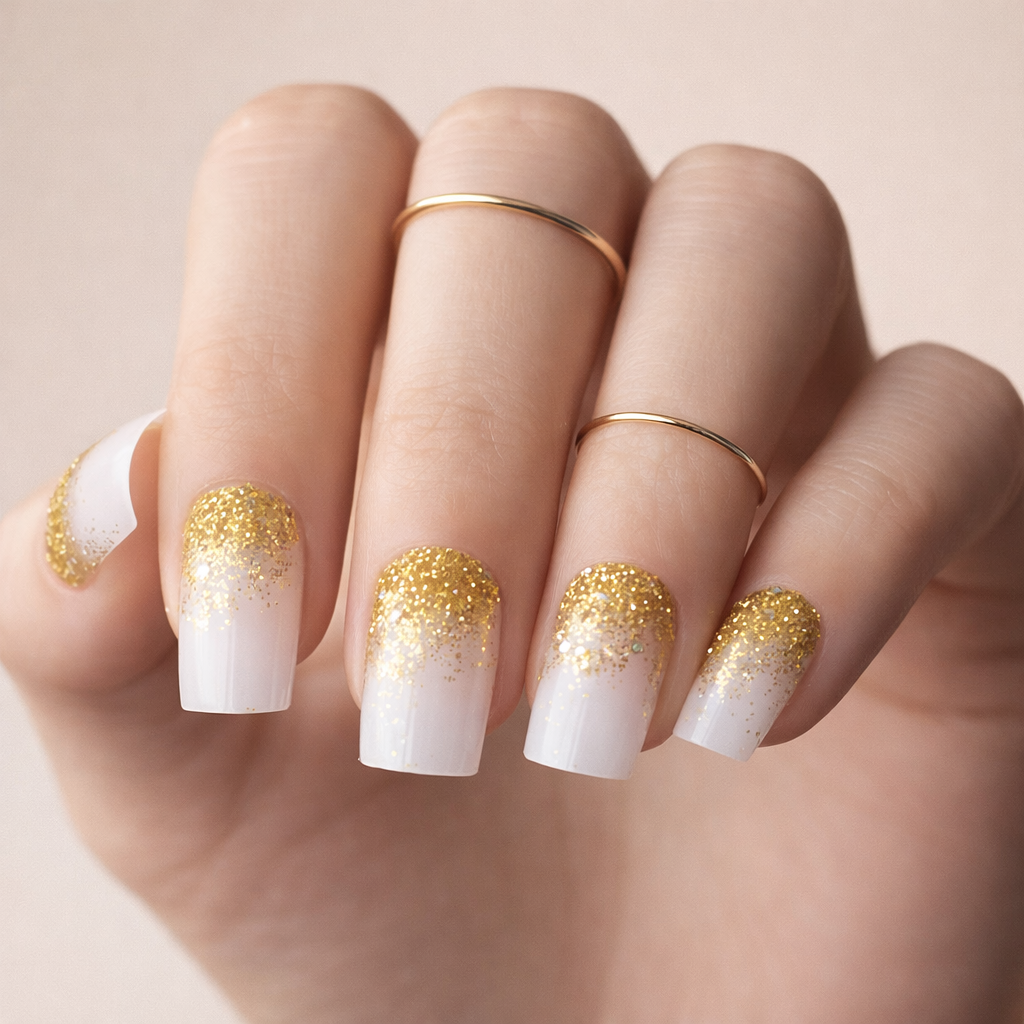 Faux Ongles Blanc et Doré Pailletés Carrés Courts Press On Nails