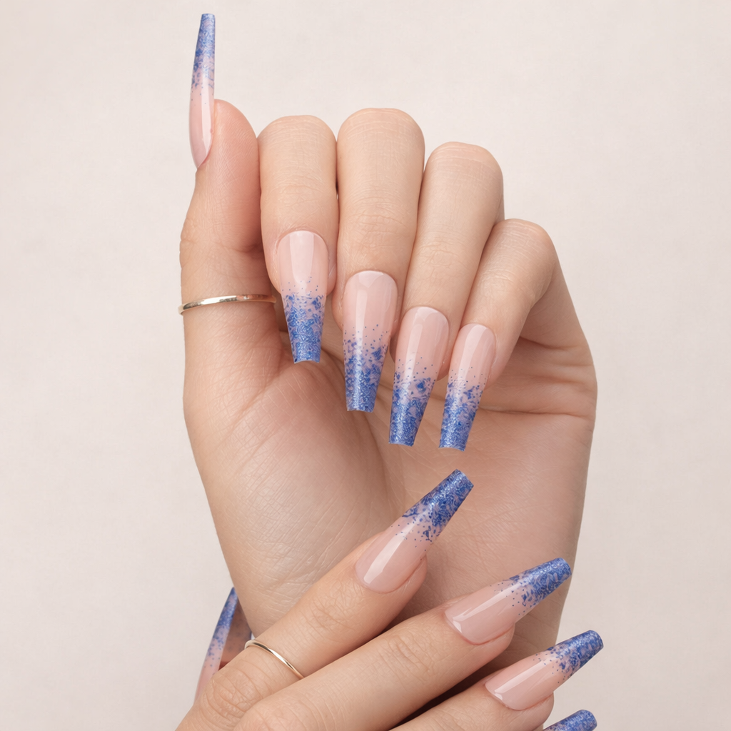 Faux Ongles Bleu Paillettes Ballerine Longs Press On Nails