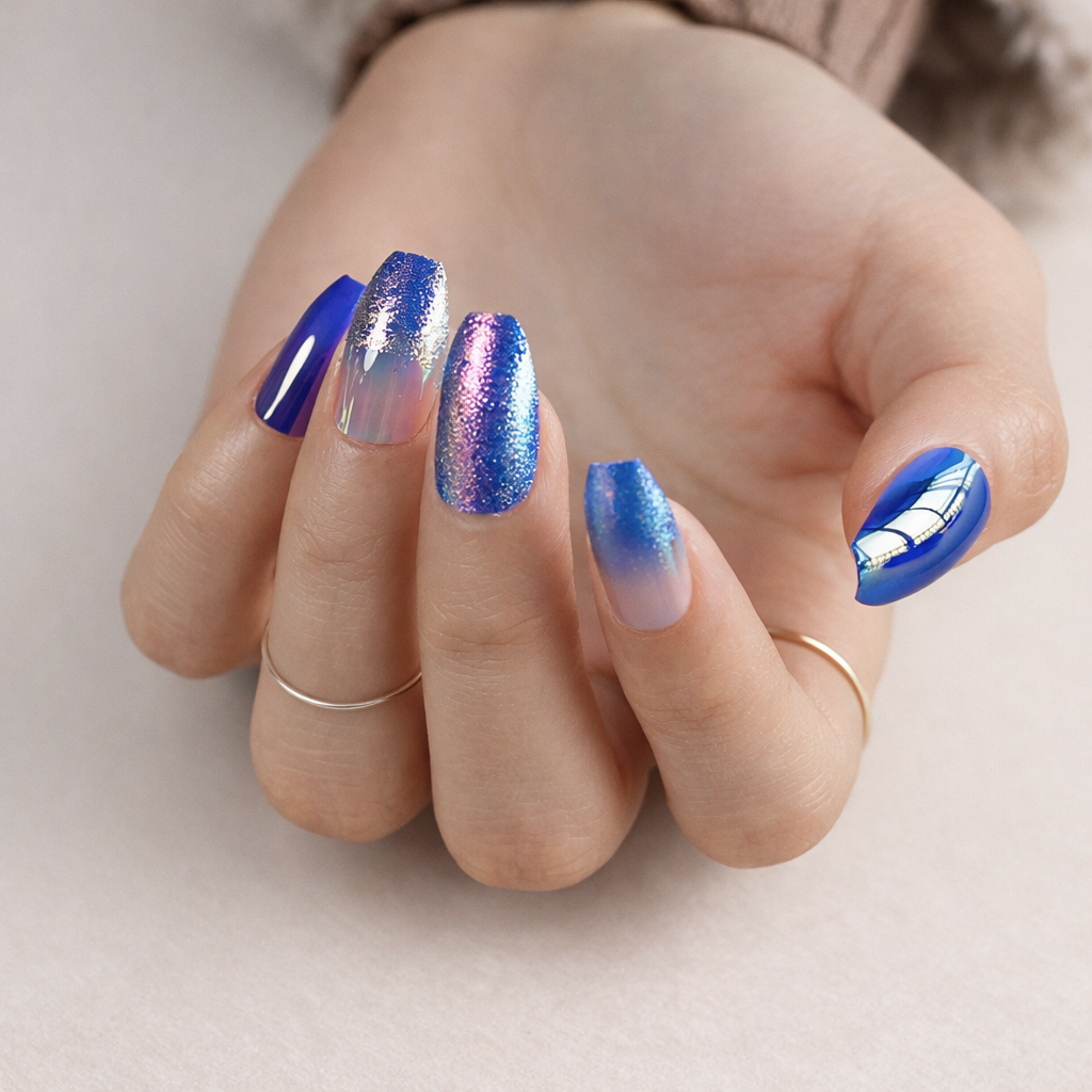 Faux Ongles Dégradé Bleu Marbré Mi-Longs Press On Nails