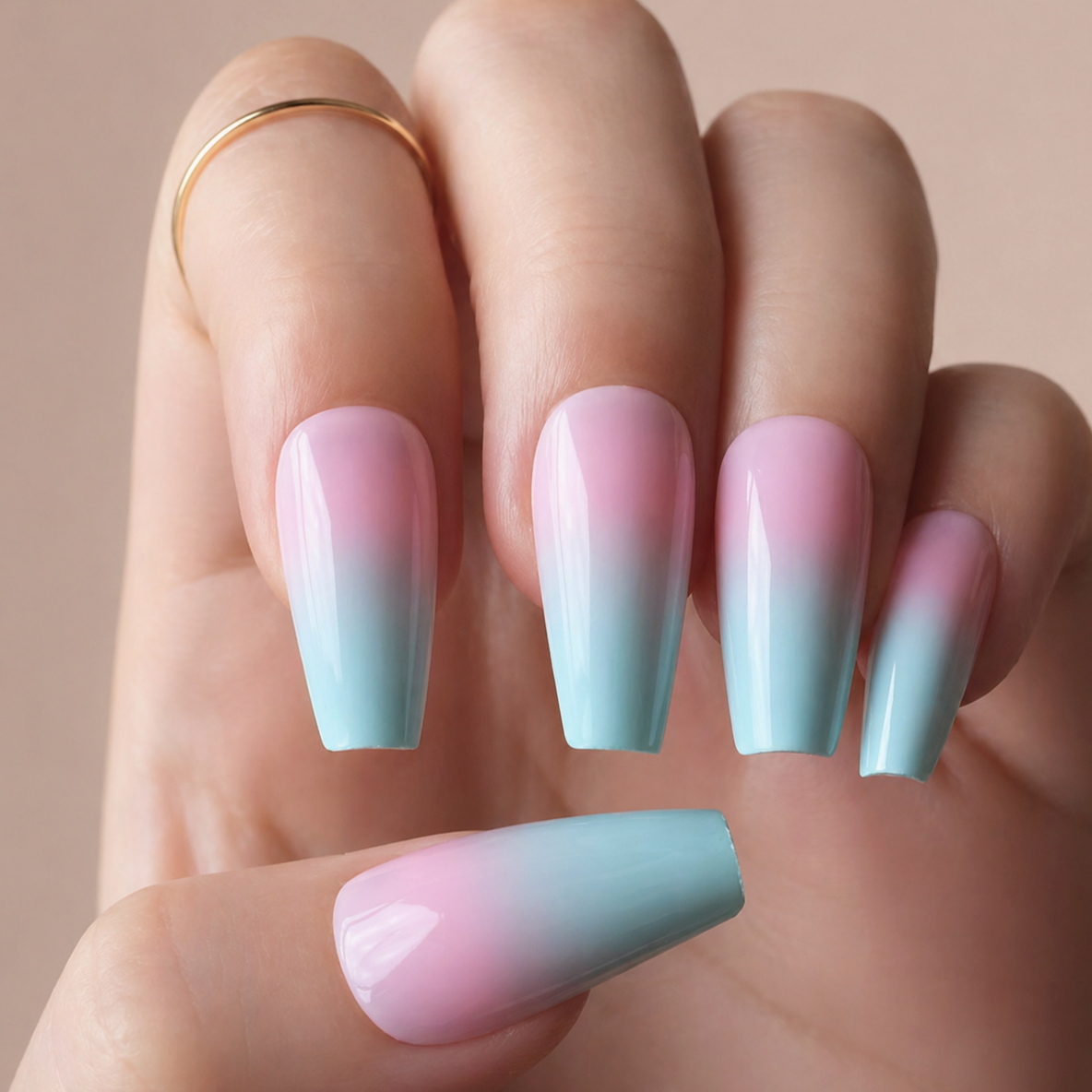 Faux Ongles Dégradé Pastel Rose et Bleu Ballerine Longs press on nails