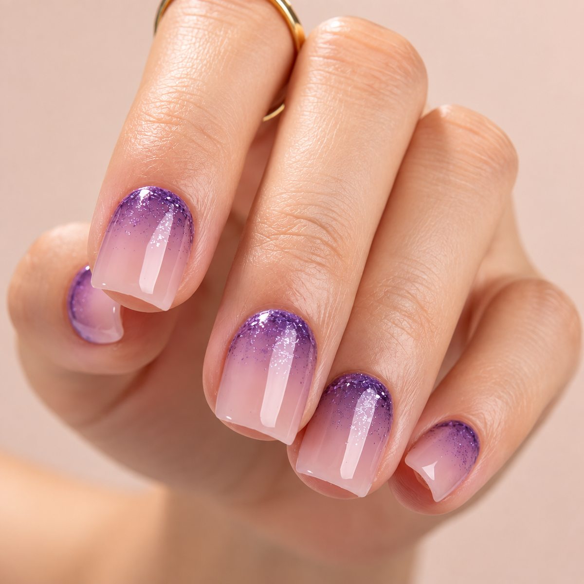 Faux Ongles Dégradé Violet Paillettes Courts press on nails