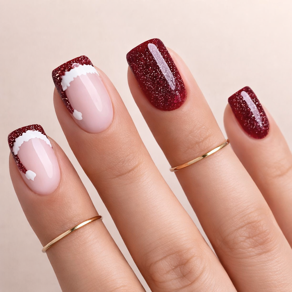 Faux Ongles French Rouge de Noel Carrés Courts Press On Nails