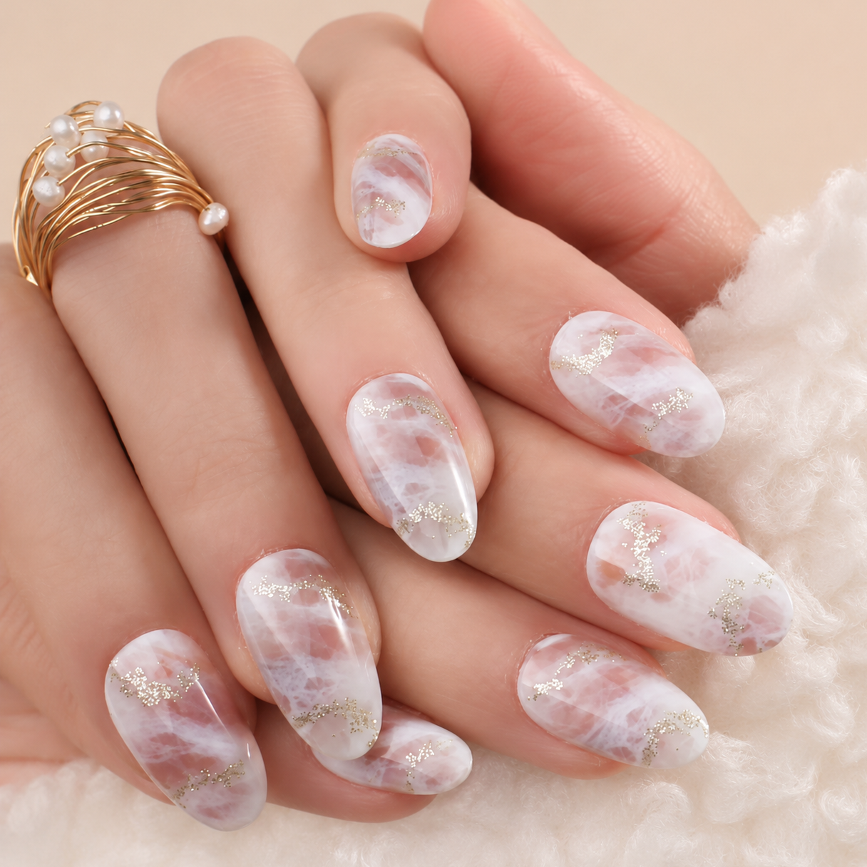 Faux Ongles Marbrés Rose & Blanc Doré Mi-Longs Amande press on nails