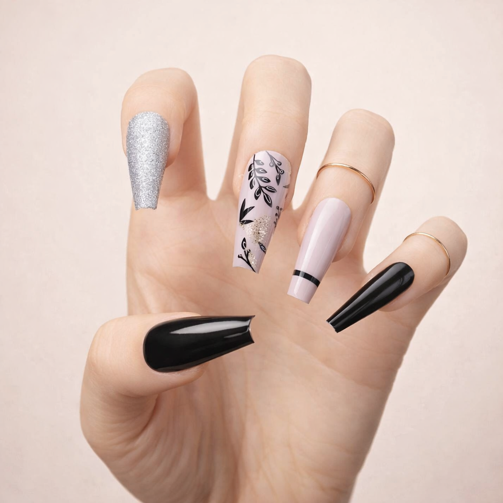 Faux Ongles Noir Paillettes Ballerine Longs Press On Nails